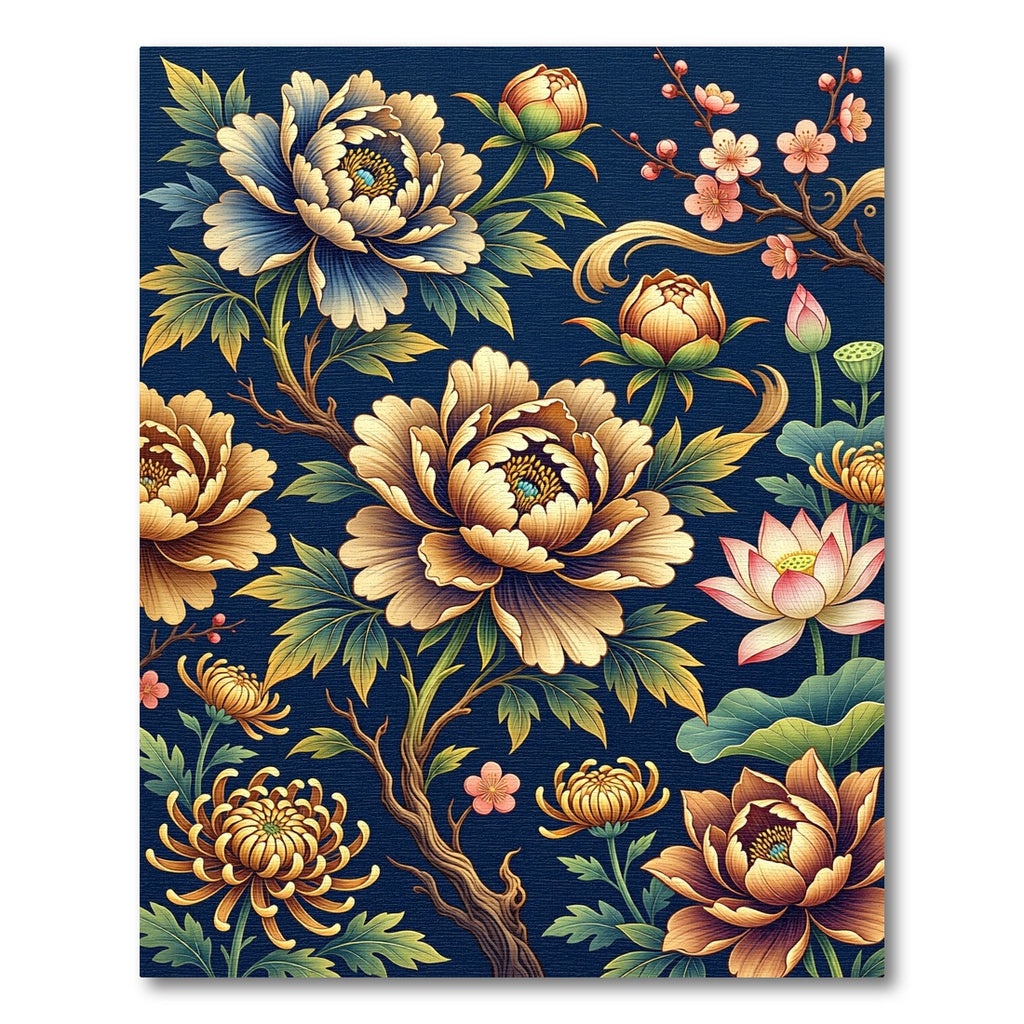 Ornate Golden Floral Navy Background Rug