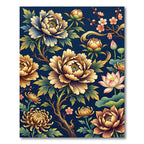 Ornate Golden Floral Navy Background Rug