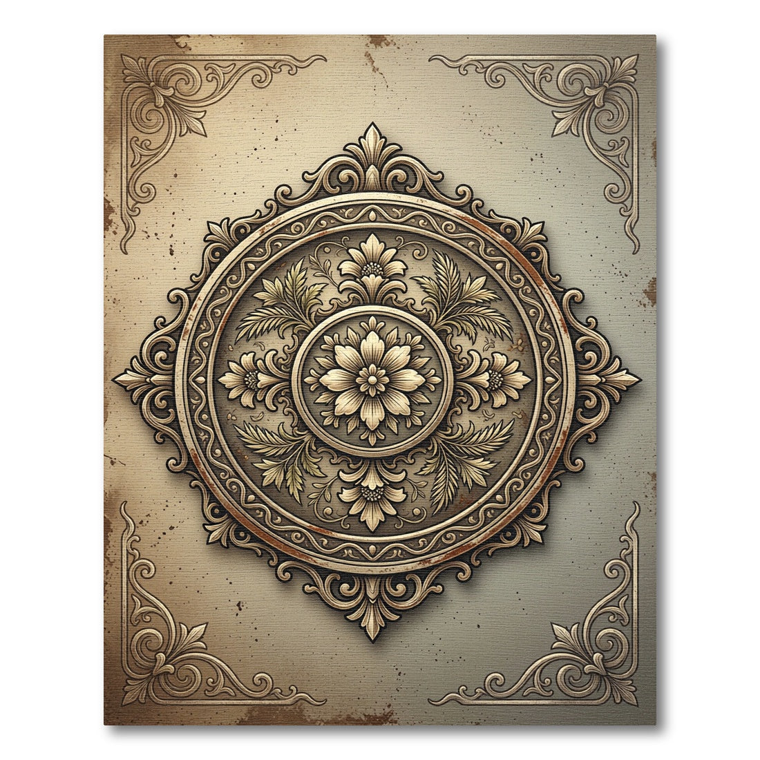 Ornate Gold Antique Floral Medallion Rug