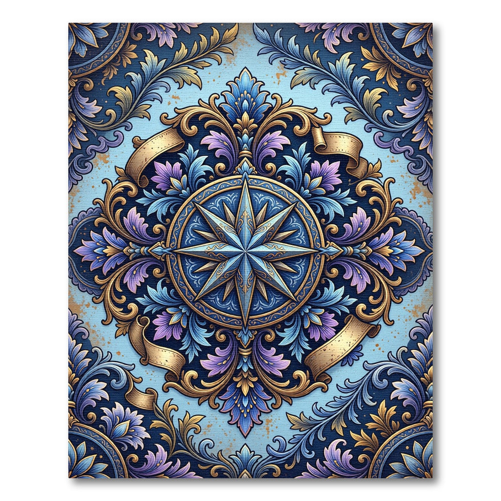 Ornate Compass Blue Gold Scroll Rug