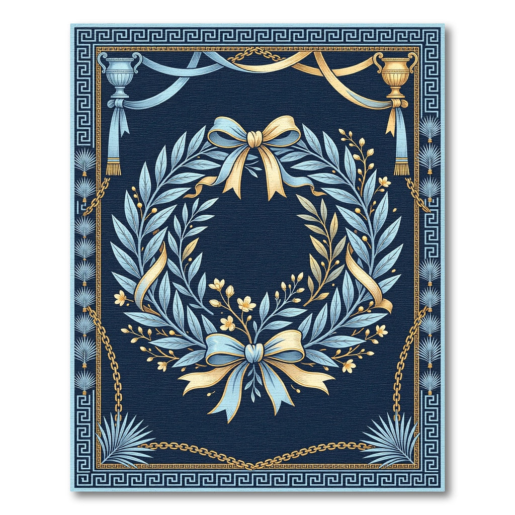 Blue Gold Laurel Wreath Bow Chain Rug