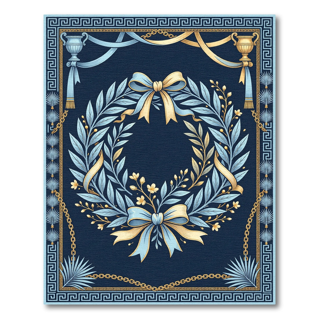 Blue Gold Laurel Wreath Bow Chain Rug