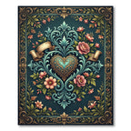 Elegant Teal Heart Floral Damask Rug