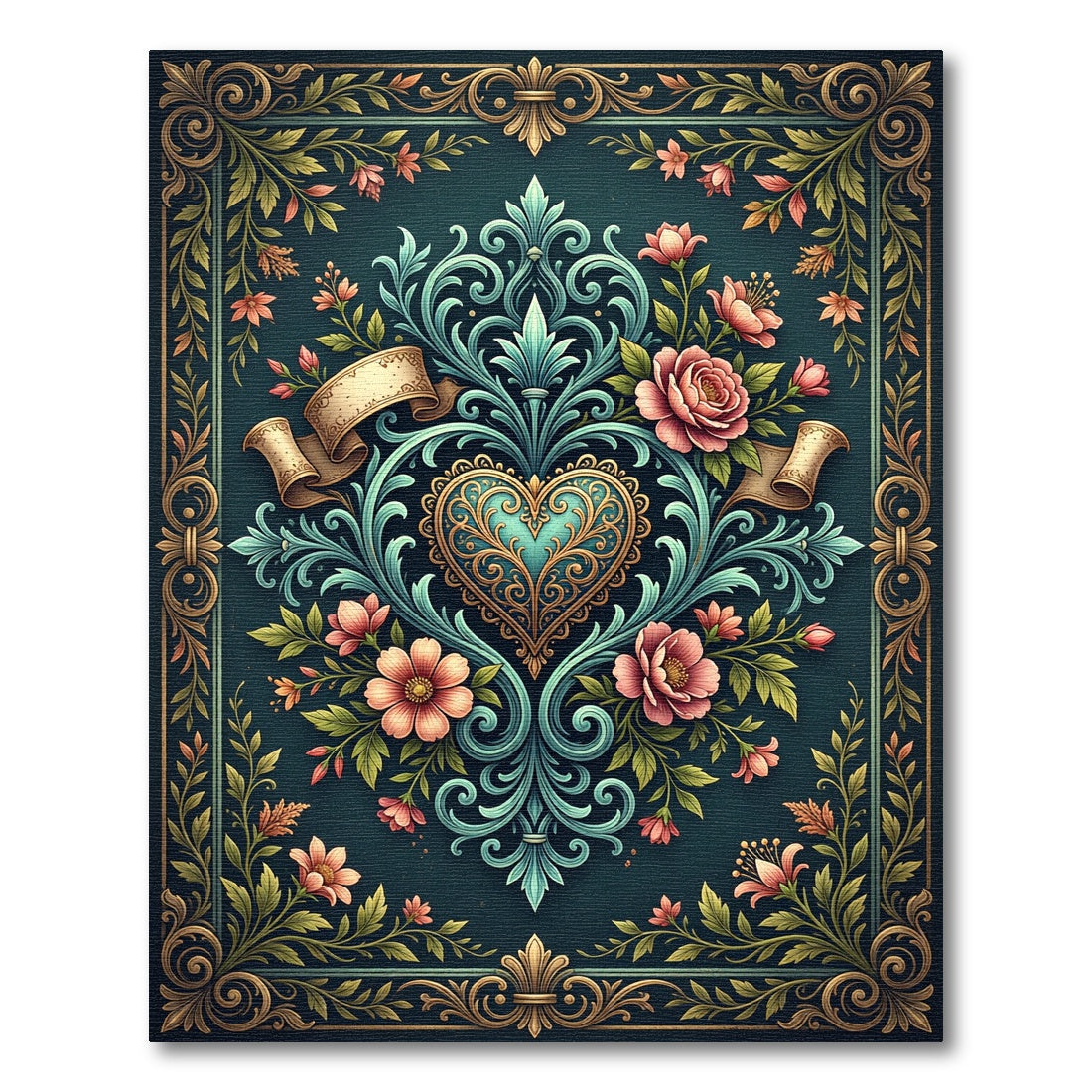 Elegant Teal Heart Floral Damask Rug