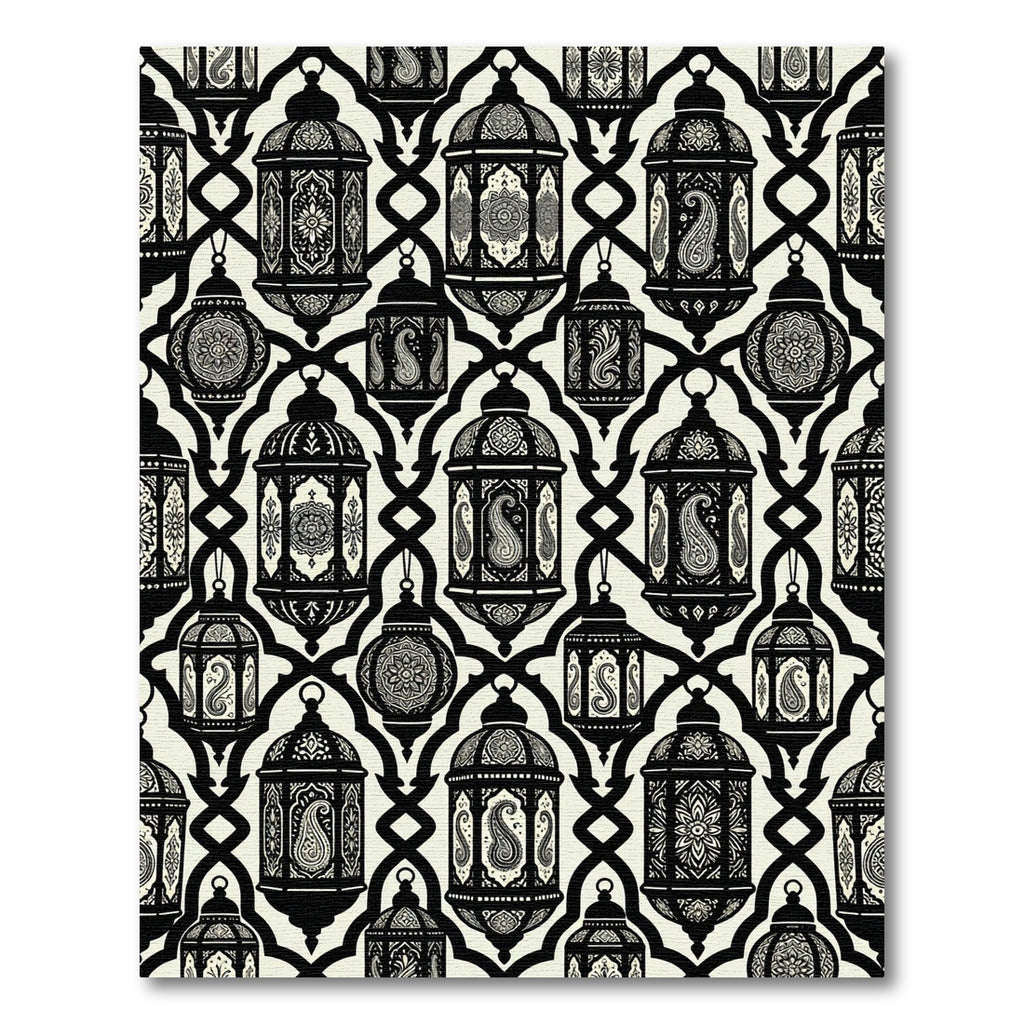 Black White Lantern Paisley Pattern Rug