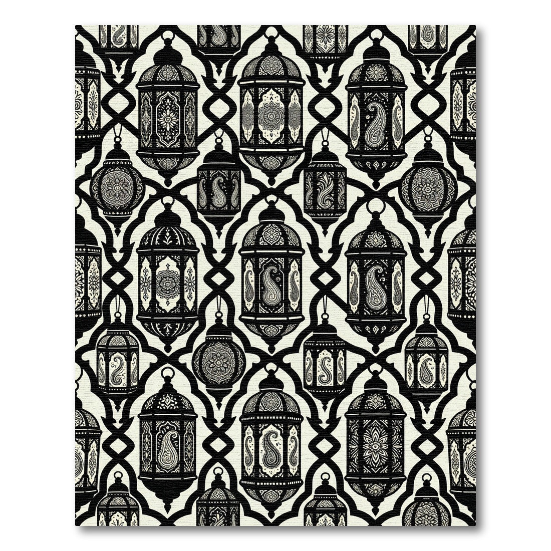 Black White Lantern Paisley Pattern Rug