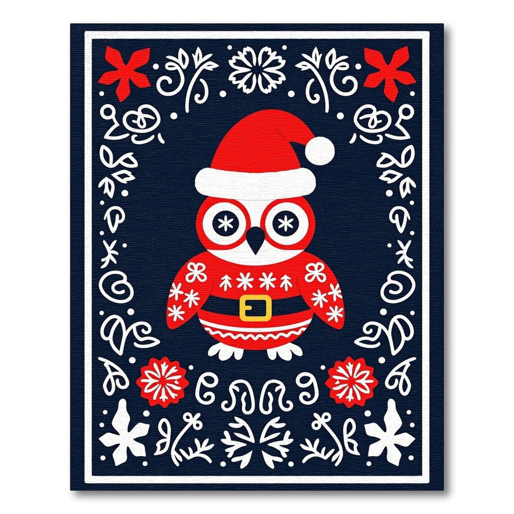 Festive Red Owl Christmas Border Rug