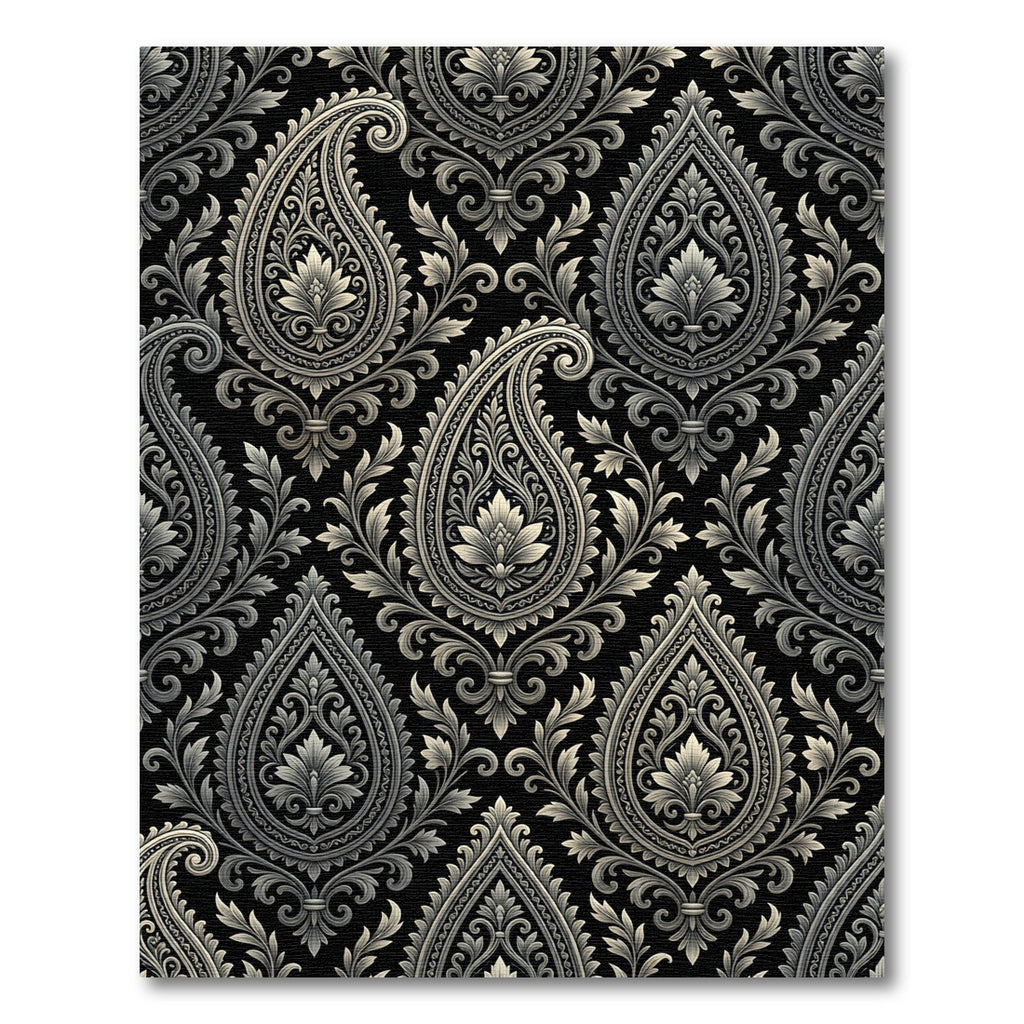 Ornate Black Silver Paisley Floral Rug