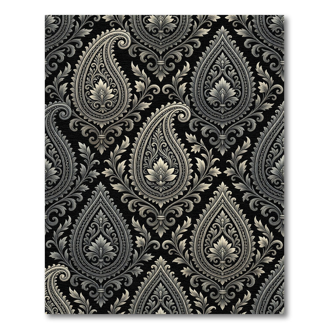 Ornate Black Silver Paisley Floral Rug