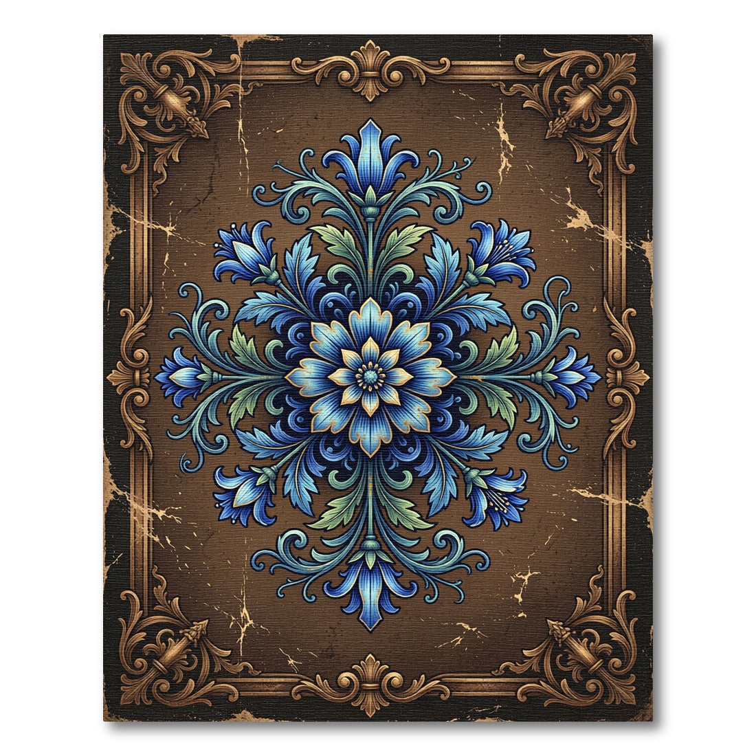 Ornate Blue Floral Damask Medallion Rug