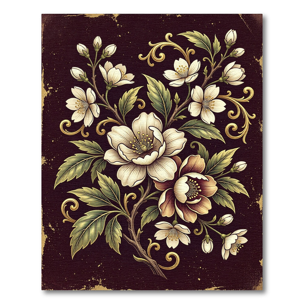Elegant White Floral Dark Gold Vine Rug