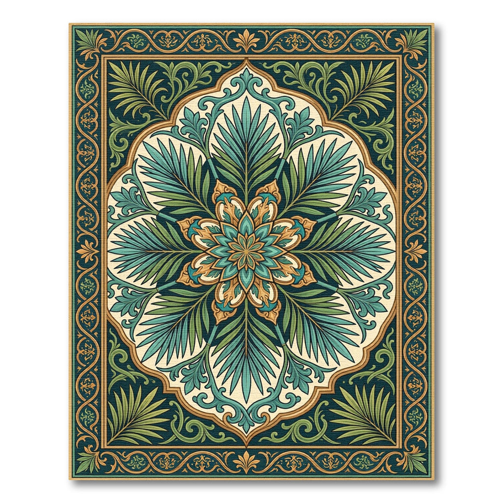 Elegant Emerald Tropical Botanical Medallion Rug