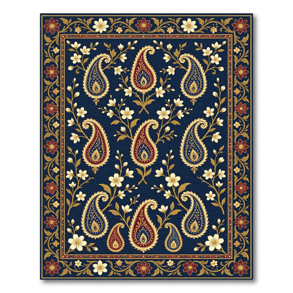 Indigo Paisley Floral Border Rug