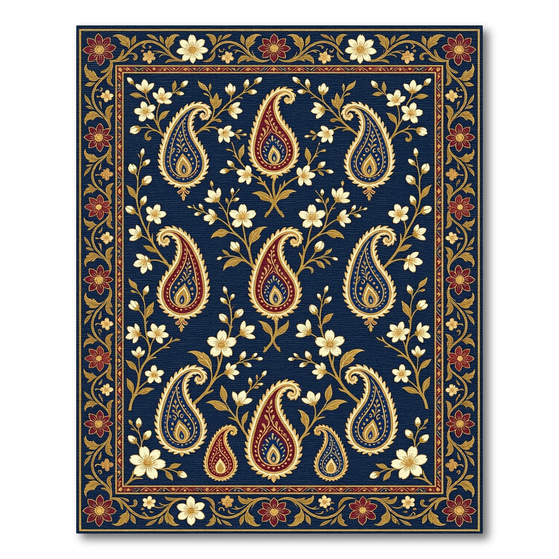 Indigo Paisley Floral Border Rug