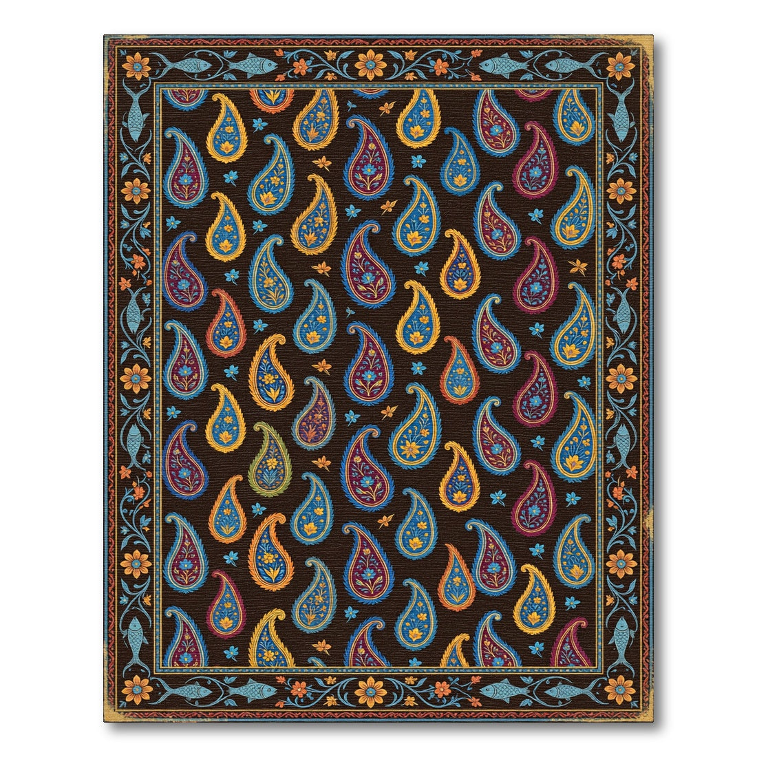Dark Blue Paisley Floral Artisan Tapestry Rug