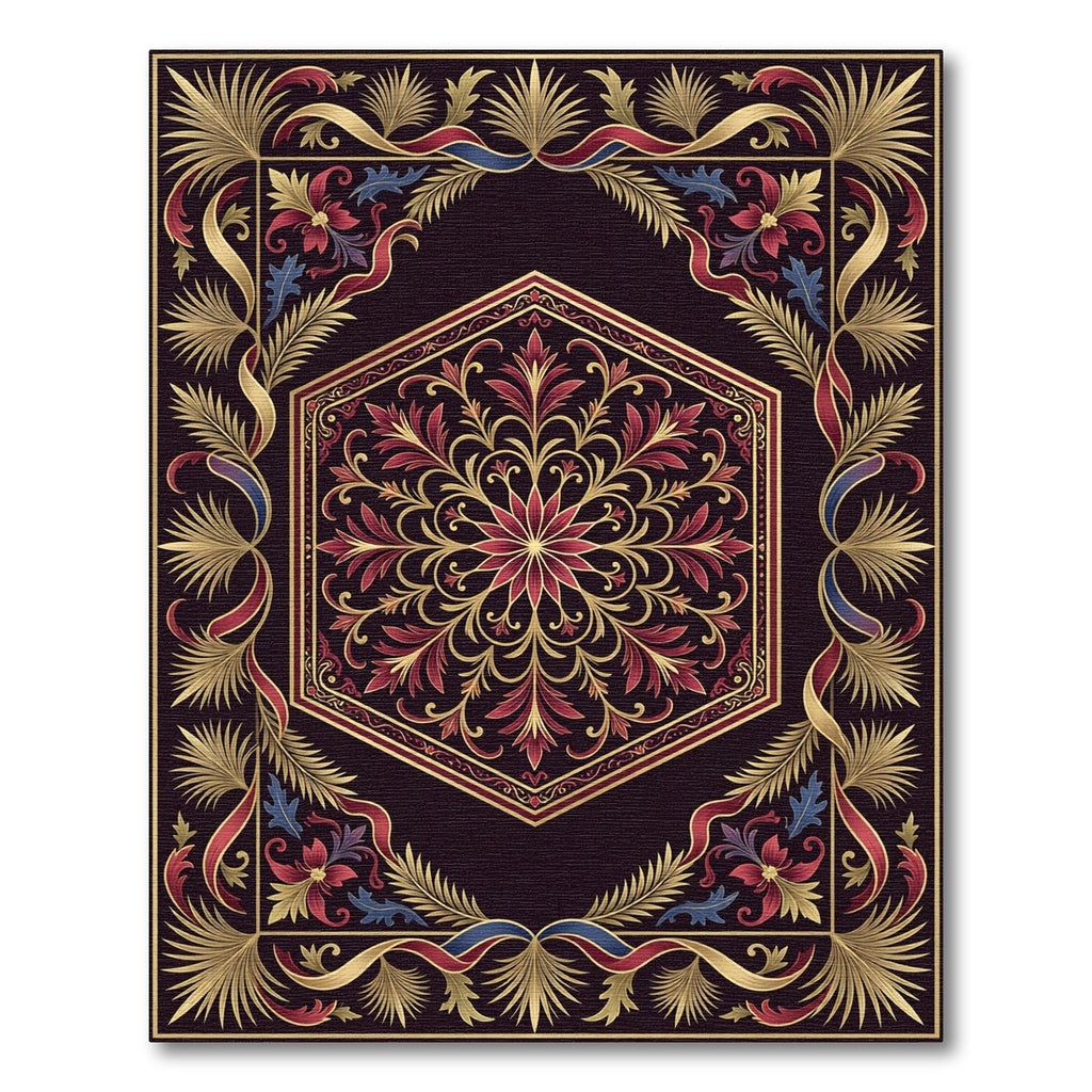 Ornate Hexagonal Crimson Gold Floral Medallion Rug