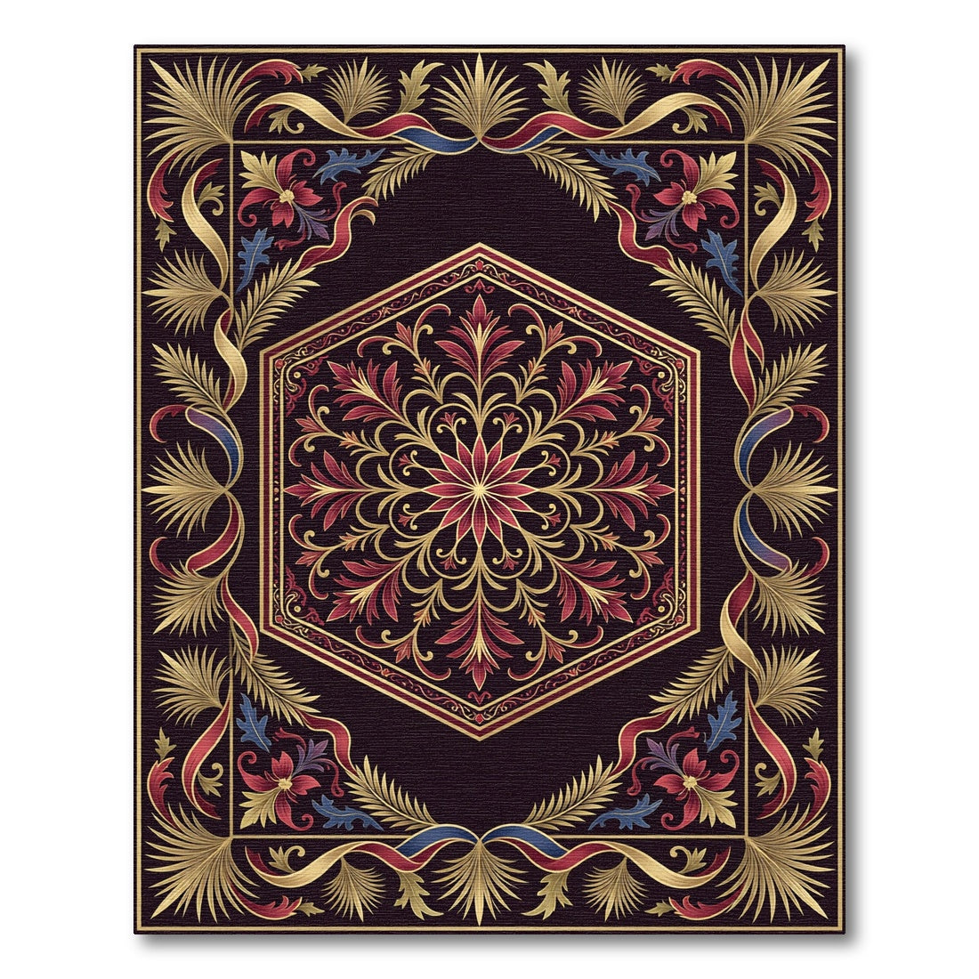 Ornate Hexagonal Crimson Gold Floral Medallion Rug