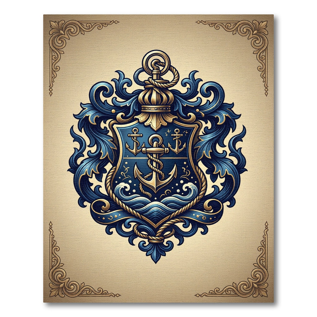 Elegant Navy Blue Nautical Anchor Crest Rug