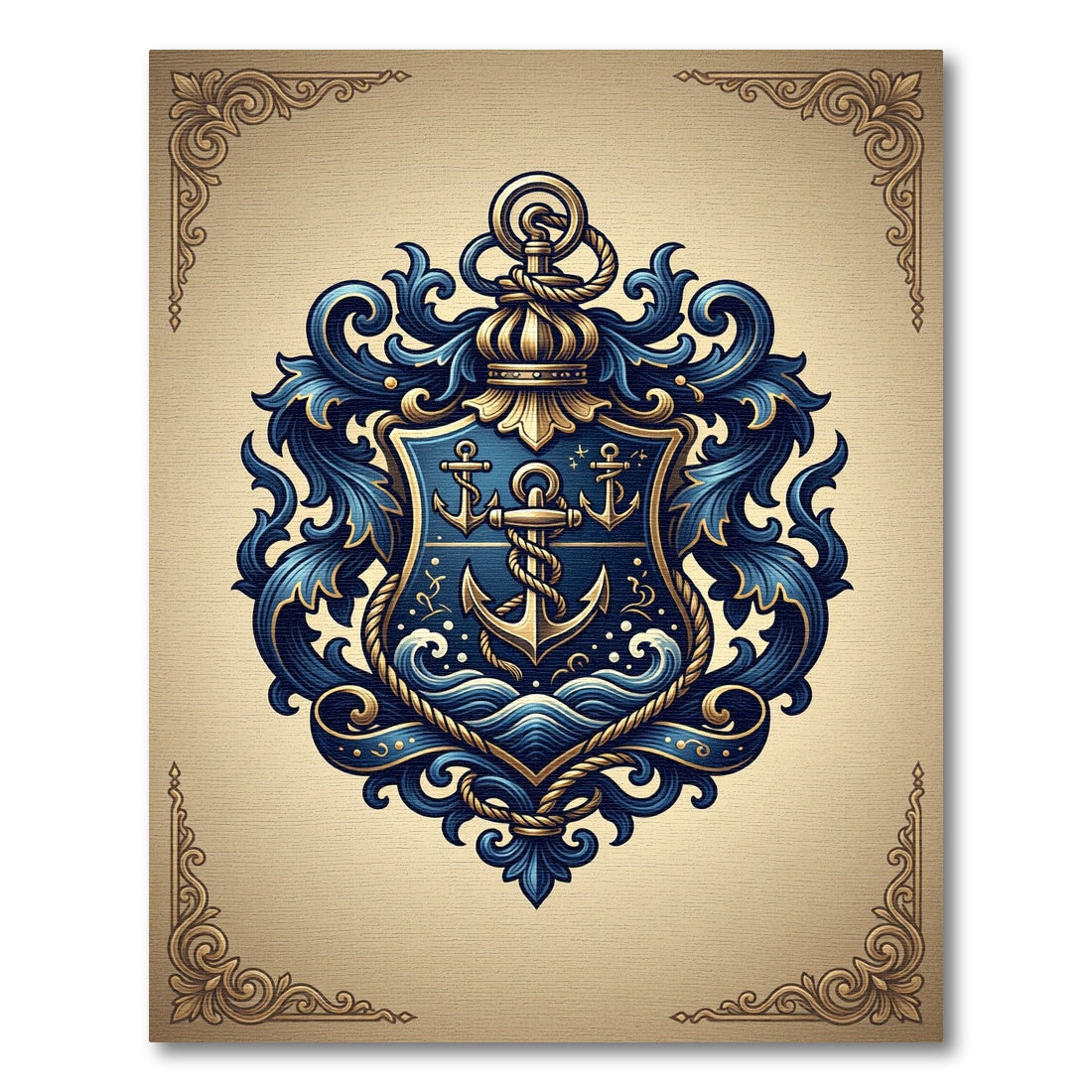 Elegant Navy Blue Nautical Anchor Crest Rug