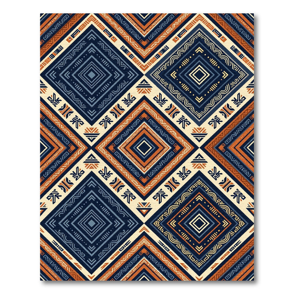 Geometric Navy and Copper Tribal Diamond Rug