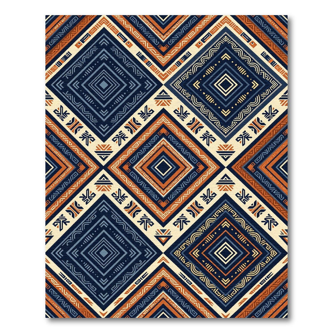 Geometric Navy and Copper Tribal Diamond Rug