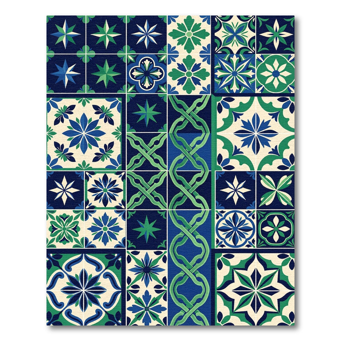 Blue and Green Geometric Tile Mosaic Rug