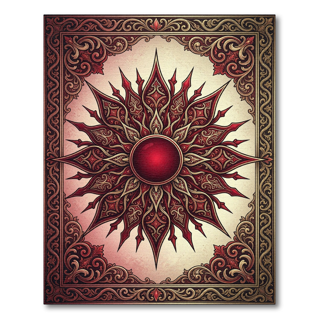 Elegant Crimson Ornate Sunburst Medallion Rug