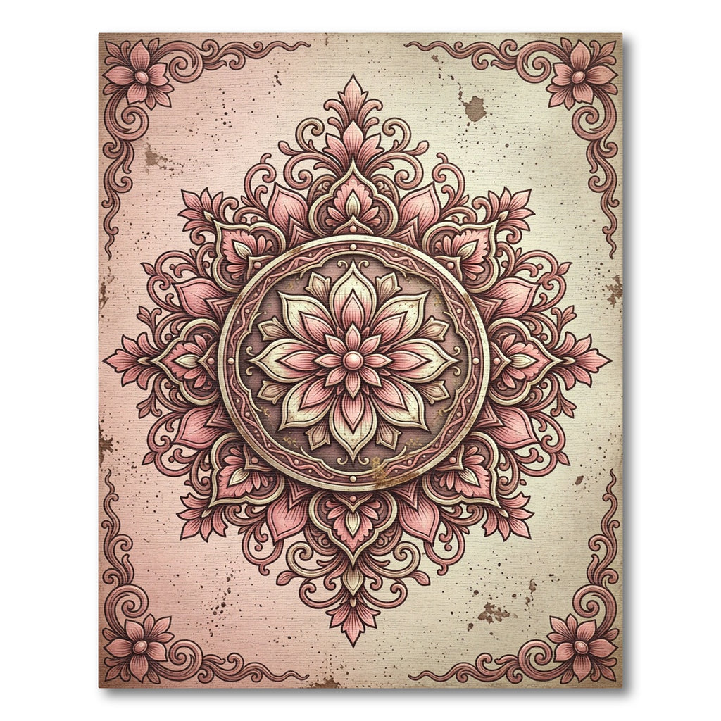 Vintage Dusty Rose Floral Medallion Rug