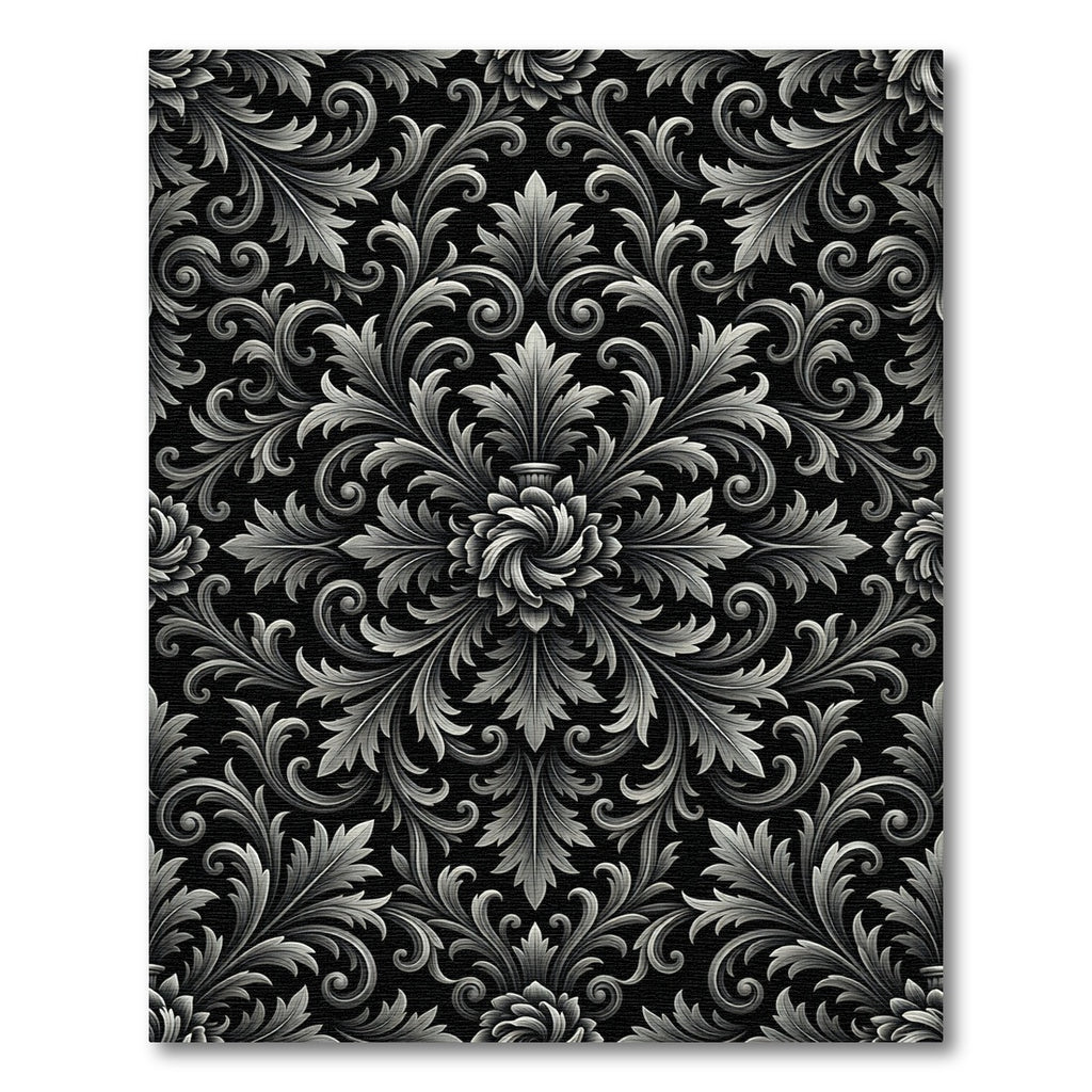 Ornate Monochrome Baroque Floral Swirl Rug