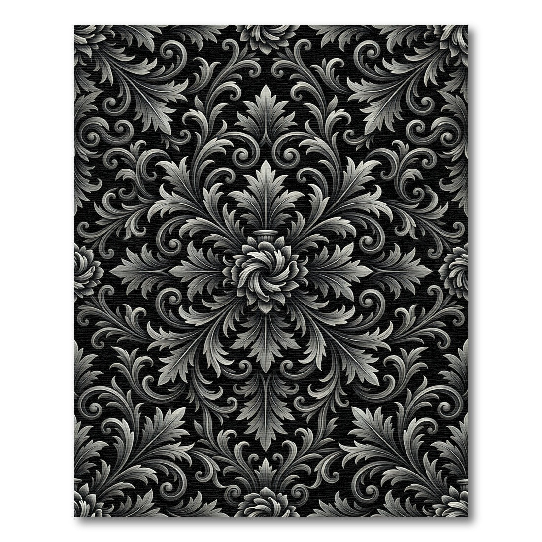 Ornate Monochrome Baroque Floral Swirl Rug