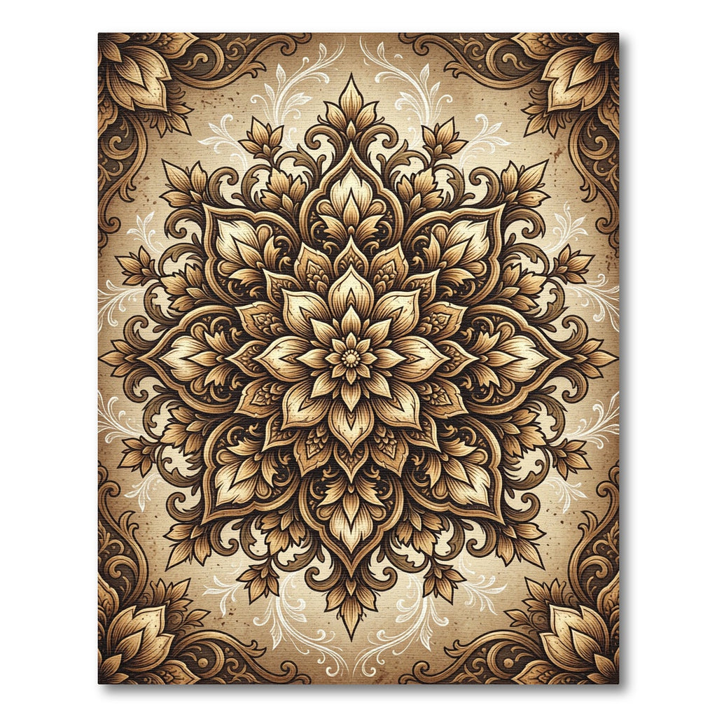 Elegant Golden Floral Medallion Scroll Rug