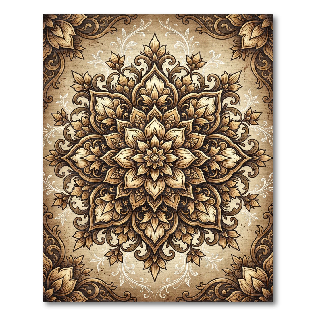 Elegant Golden Floral Medallion Scroll Rug