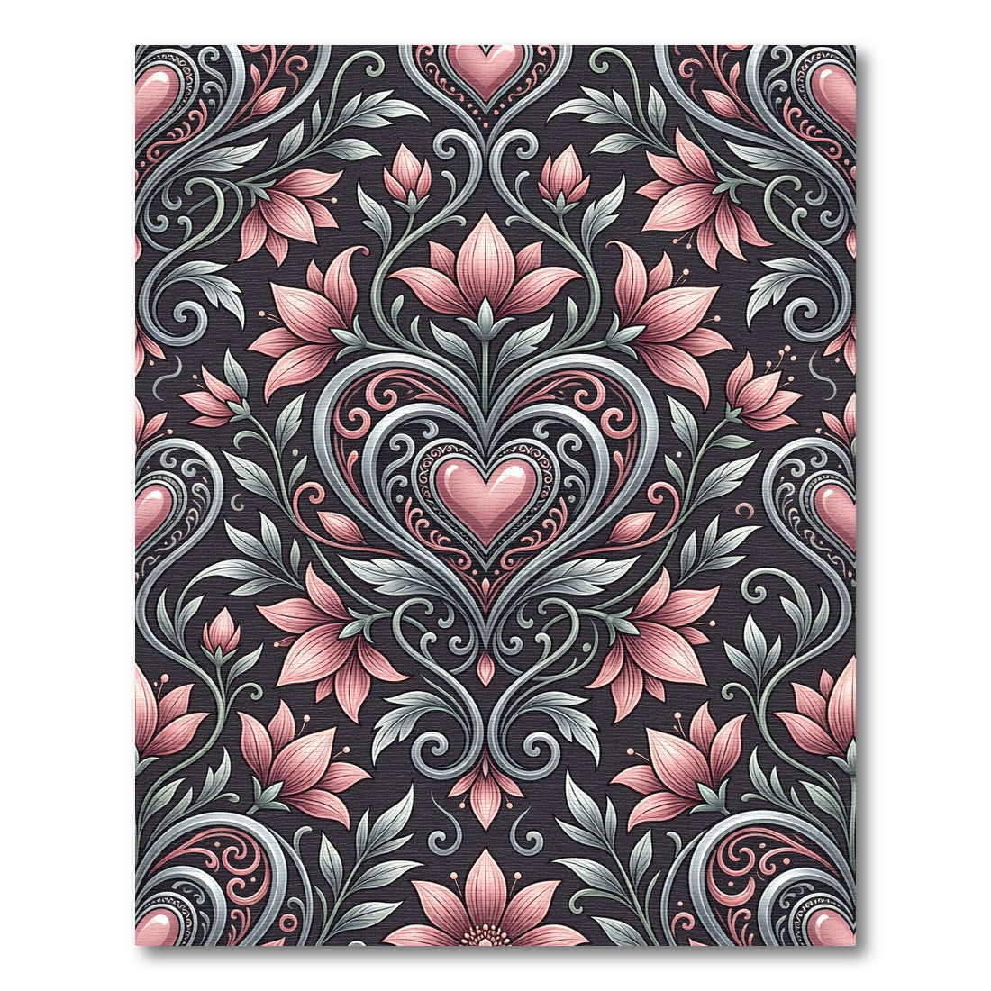 Pink Heart Floral Scrollwork Damask Rug