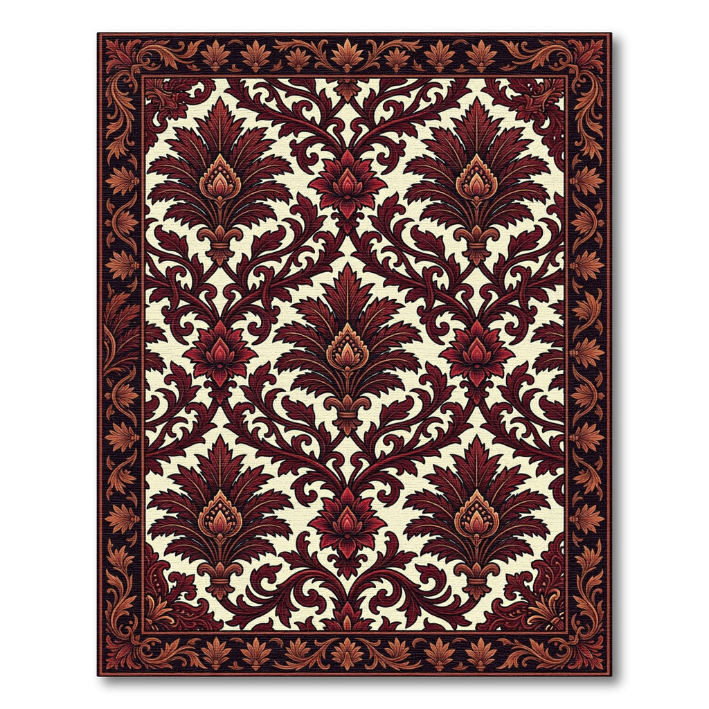 Deep Red Floral Scroll Damask Rug
