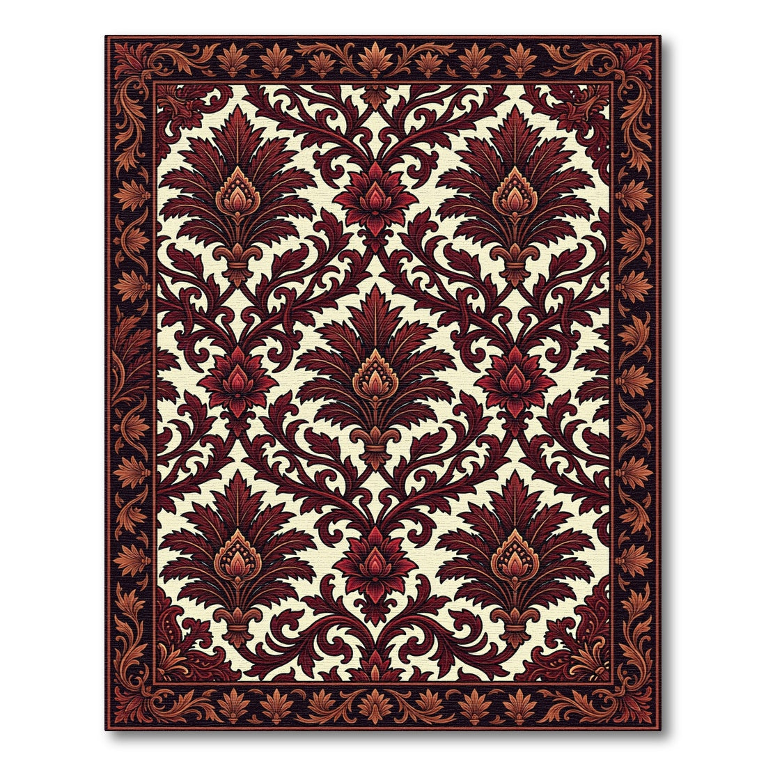 Deep Red Floral Scroll Damask Rug