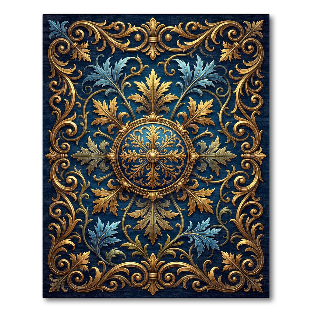 Ornate Gold Scrollwork Royal Blue Medallion Rug