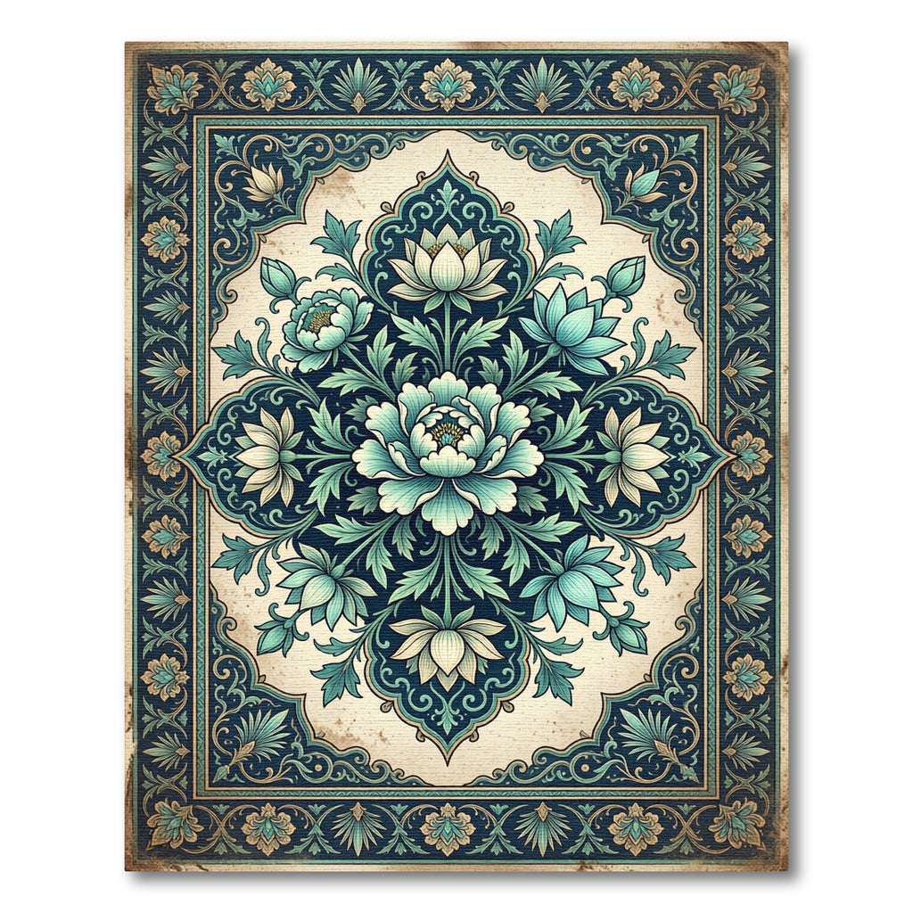 Deep Teal Floral Medallion Intricate Border Rug