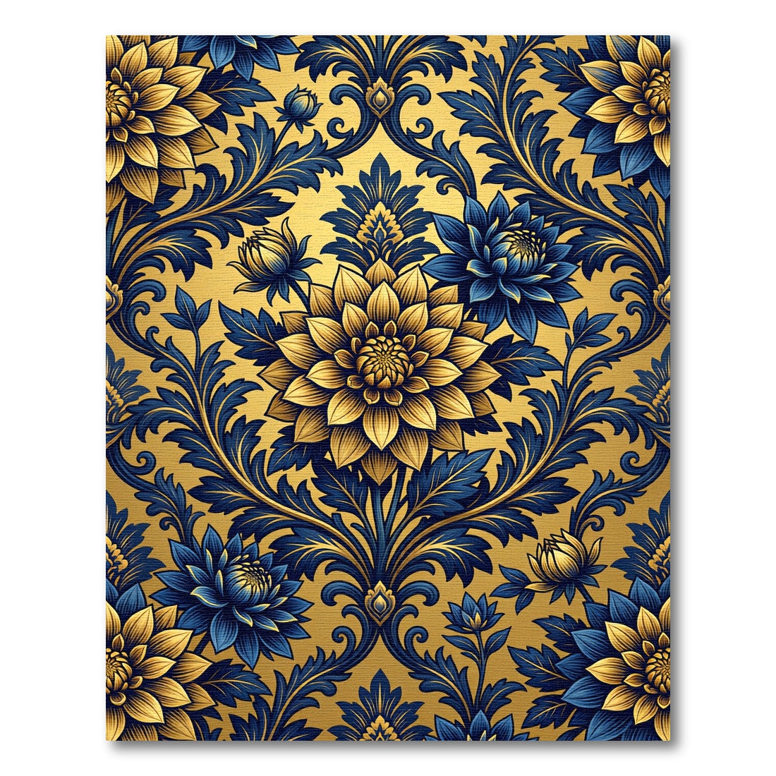 Golden Floral Damask Navy Ink Rug