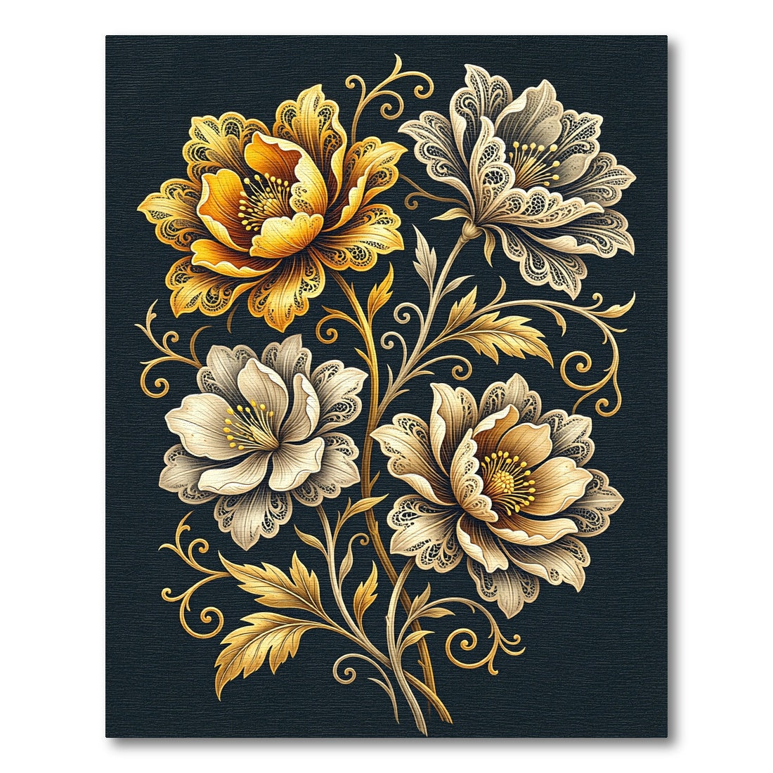 Elegant Golden Floral Lace Bloom Rug