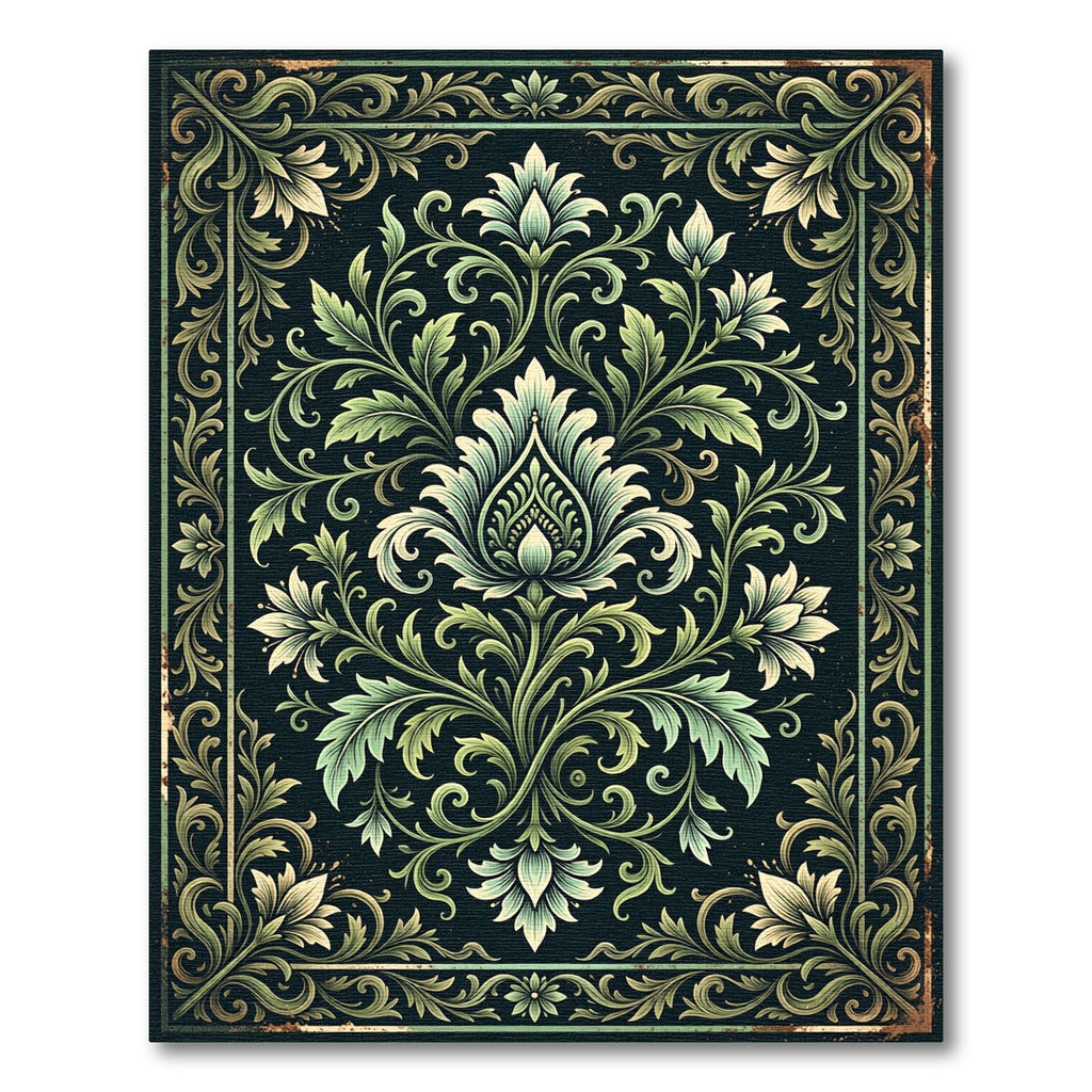 Elegant Sage Botanical Damask Scroll Rug
