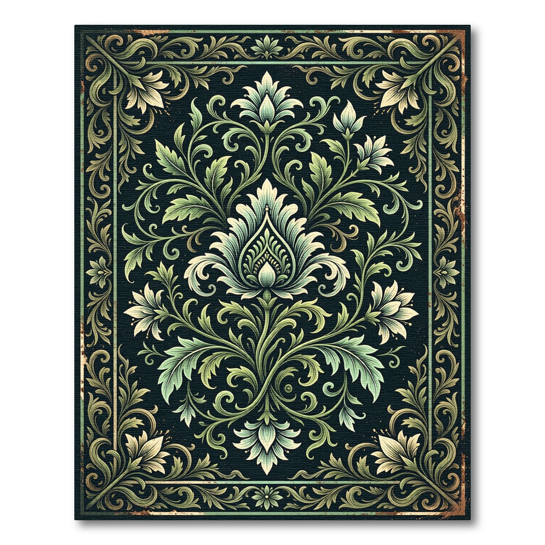 Elegant Sage Botanical Damask Scroll Rug