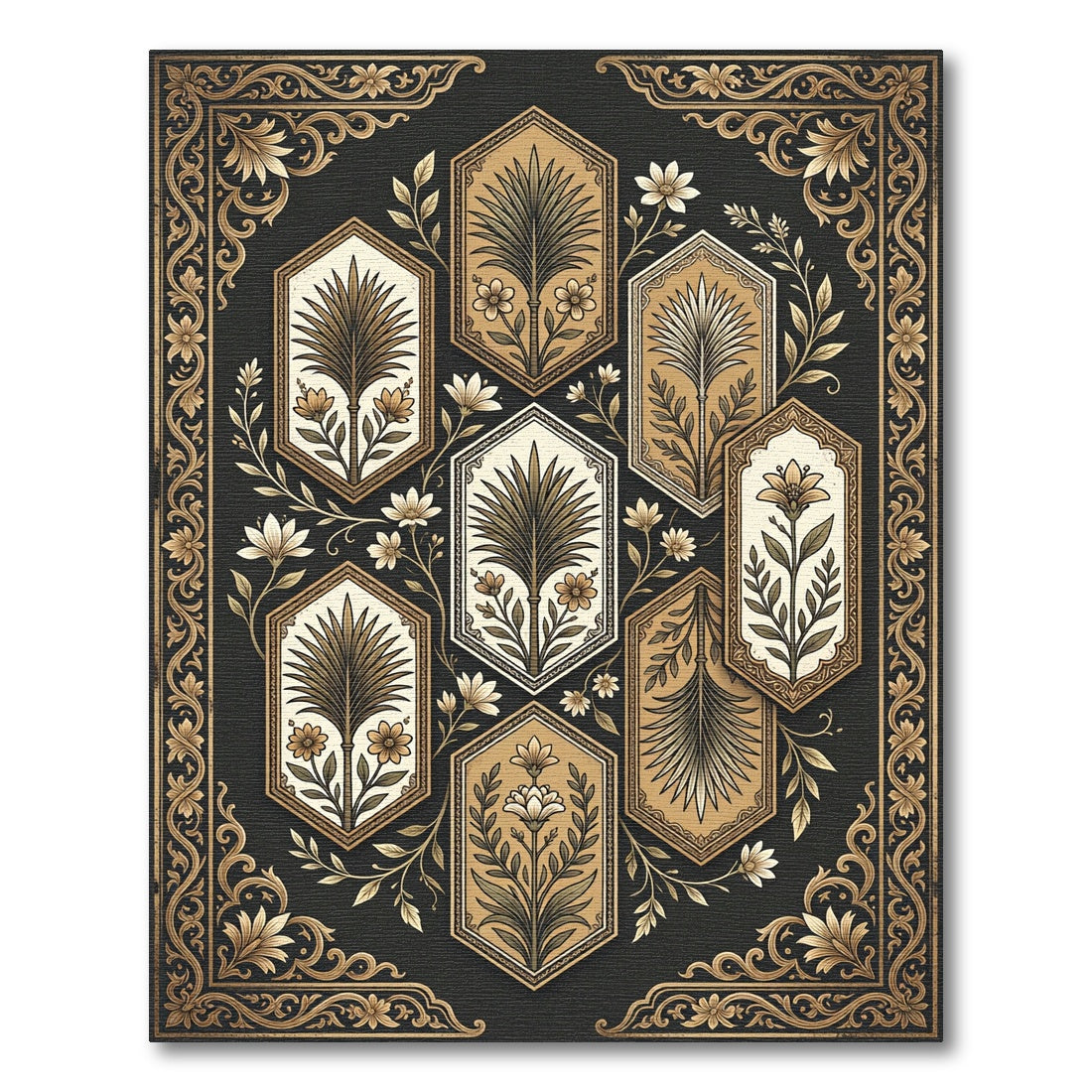 Bronze Botanical Hexagonal Gold Filigree Rug