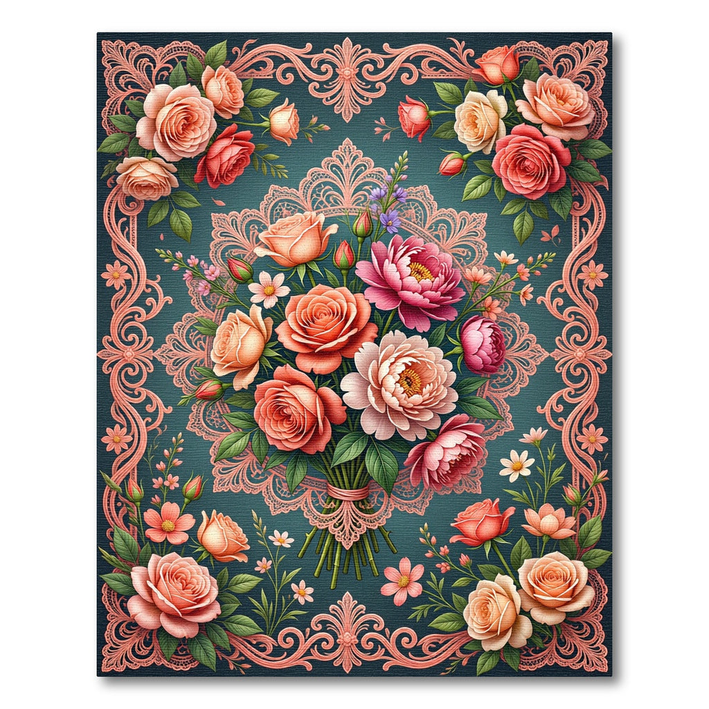 Elegant Rose Floral Lace Medallion Rug