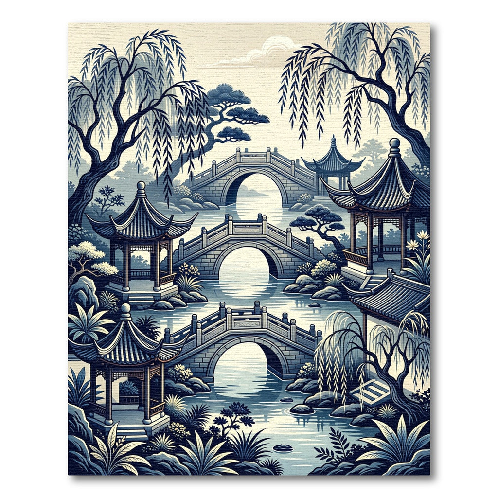 Serene Blue Asian Willow Pagoda Landscape Rug