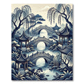 Serene Blue Asian Willow Pagoda Landscape Rug