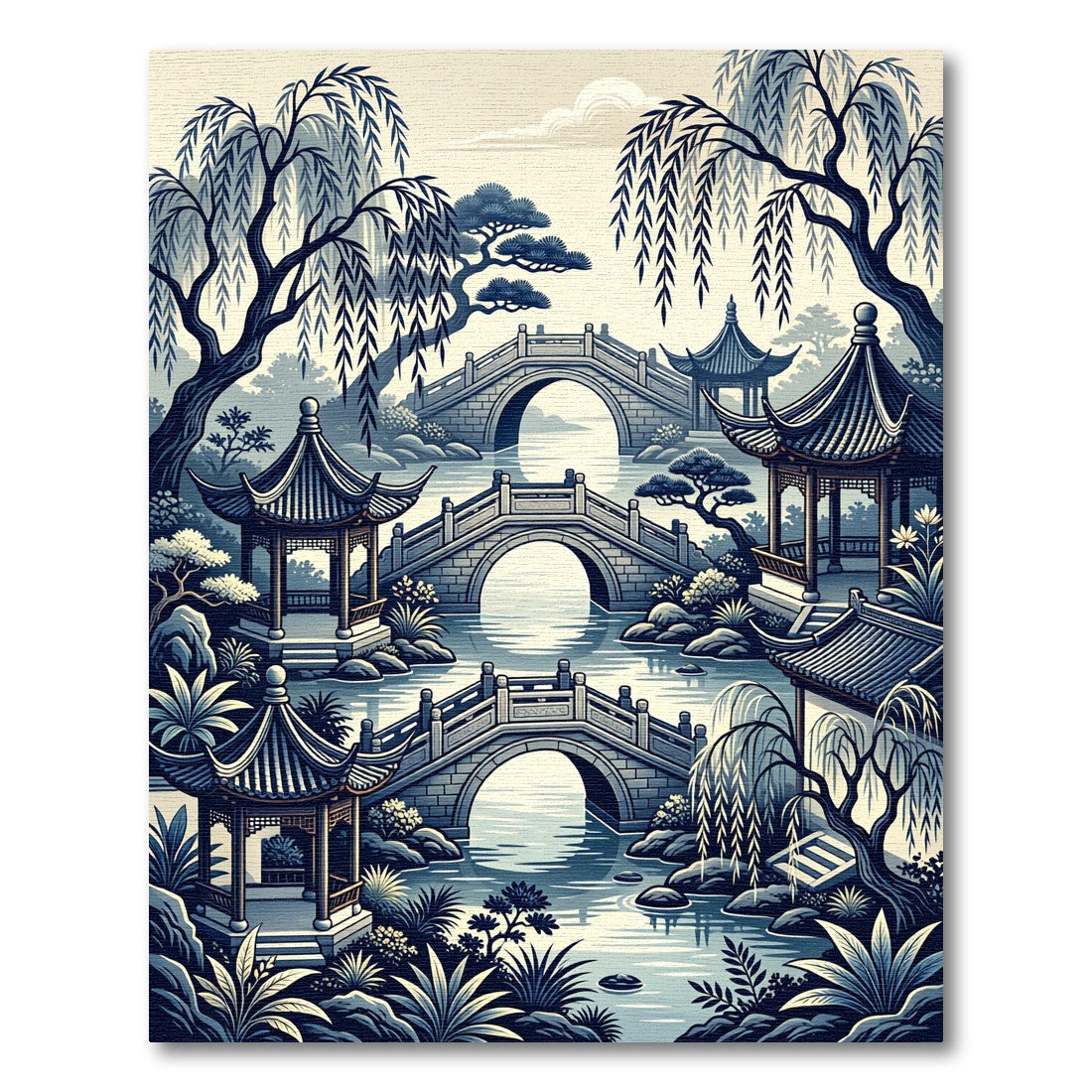 Serene Blue Asian Willow Pagoda Landscape Rug