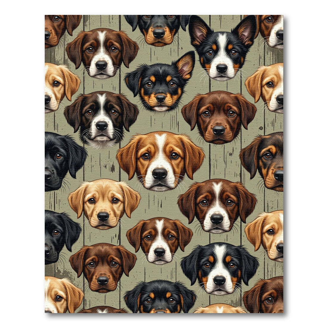 Adorable Puppy Faces on Wood Grain Rug