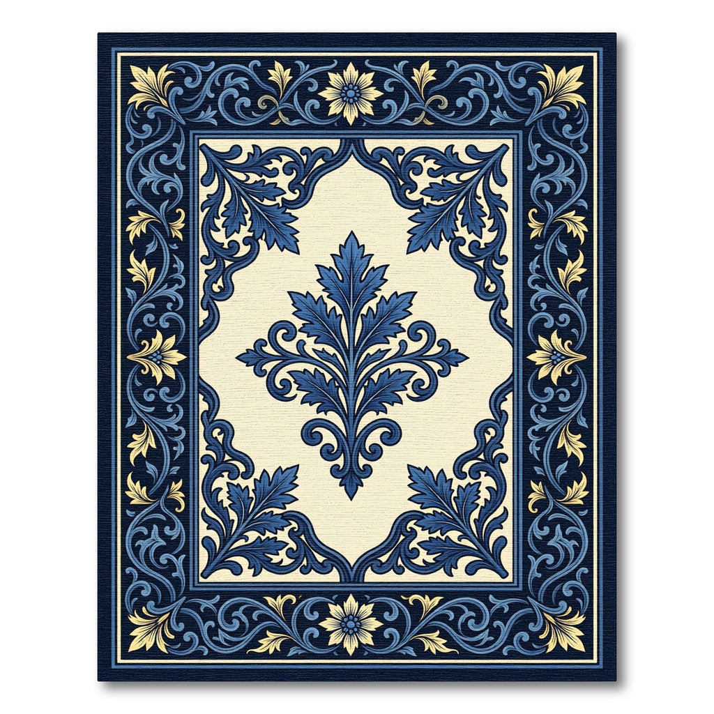 Ornate Navy Blue Golden Floral Frame Rug