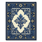 Ornate Navy Blue Golden Floral Frame Rug