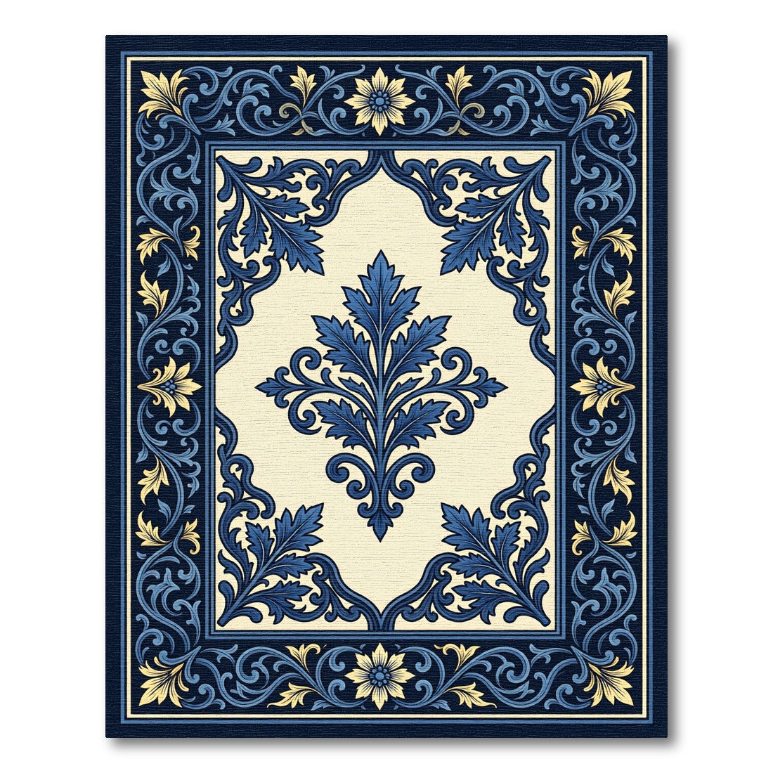 Ornate Navy Blue Golden Floral Frame Rug